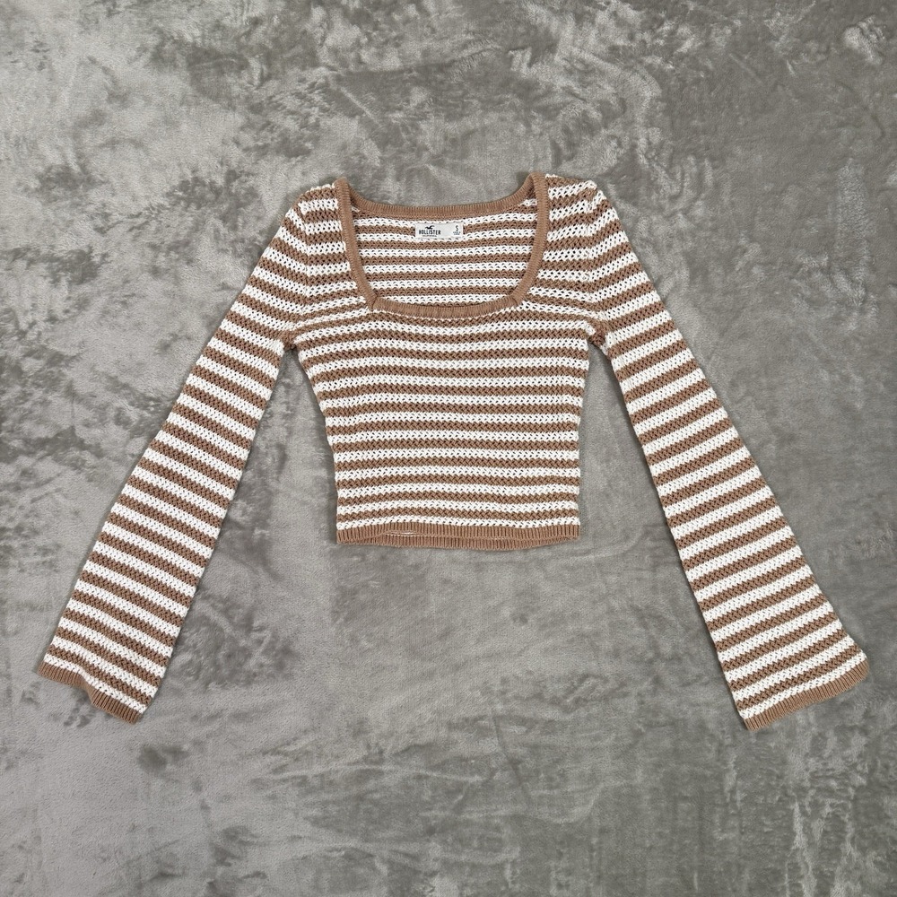 Hollister Size Small Scoop Neck Bell Sleeve Crop Cream/Beige Pointelle Knit Top